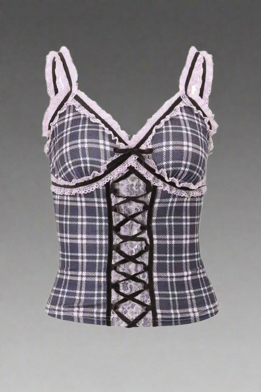 Lace Patchwork Plaid Top